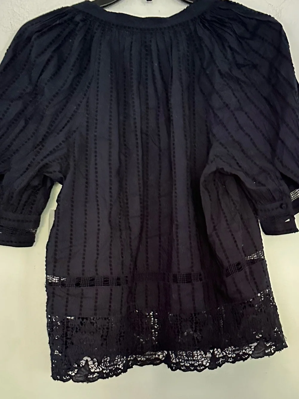Ulla Johnson Navy Pintuck Lace-Trim Blouse